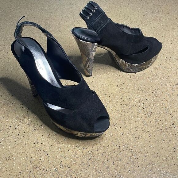 BCBGirls Worker Suede & Snake Embossed Leather Platform Slingback Heels 7.5 Blac - Picture 2 of 13